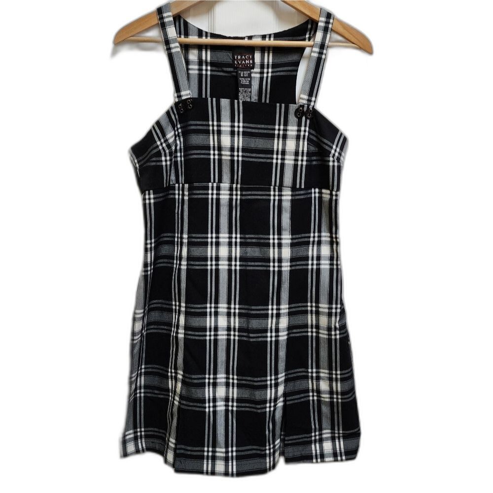 Tracy Evans Dress Women 9 Black White Plaid Sleeveless Pleated Zip Preppy School